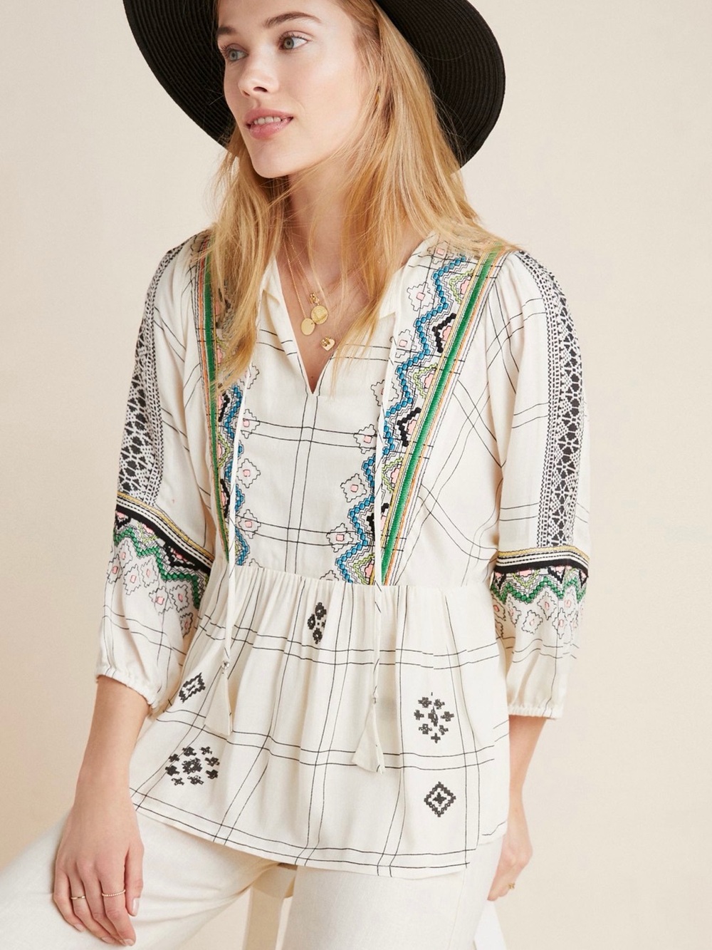 Anthropologie Ivory Embroidered Boho Tunic with Green & Blue Accents